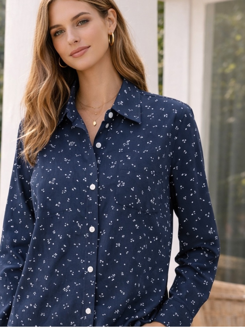L.L.Bean Navy Button Down Shirt Women’s Large White floral Print Classic